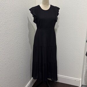 Emma & Michele Black Smocked Ruffle Midi Dress